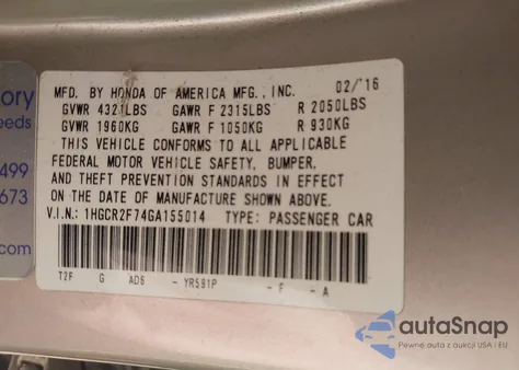 2016 Honda Accord Ex from USA, damaged, VIN 1HGCR2F74GA155014